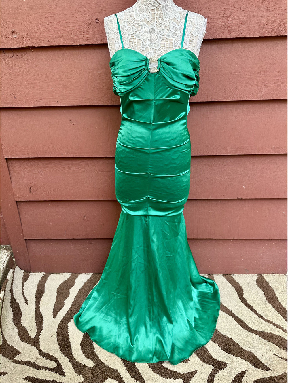 Hailey Logan Emerald Green Ruched Mermaid Satin Dress with Rhinestone Detail Y2K